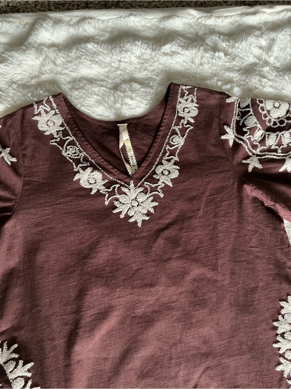 Uncle Frank Embroidered Boho Midi Dress Size M Brown Floral Pockets Side Slits - Picture 7 of 10
